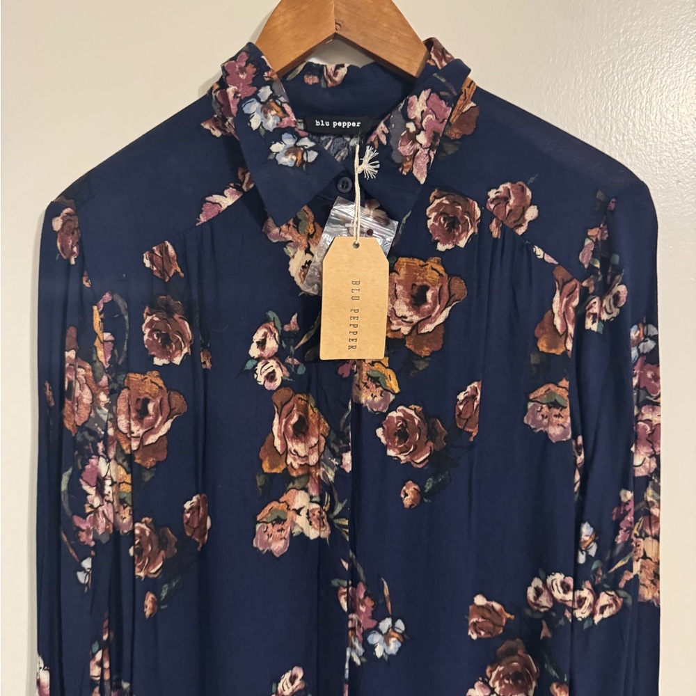 Navy Floral Long Sleeve Blouse - Picture 2 of 12